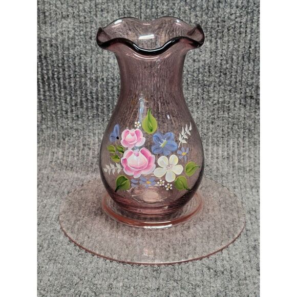 Fenton Design TeleFloral Hand Painted Vase Purple Flowers and Bottom Plate - Picture 1 of 5